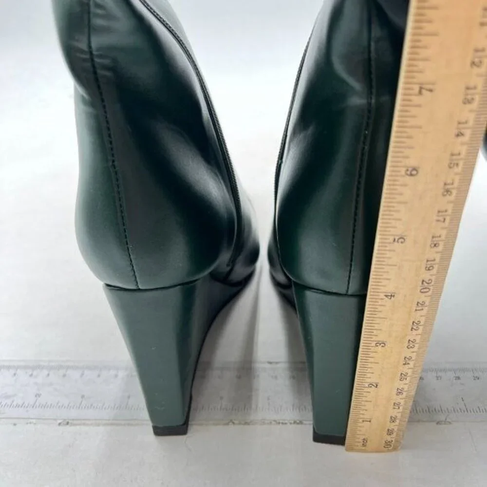 miss left Women Wide Calf Knee High Boots Pointed Toe Wedge High Heels Green